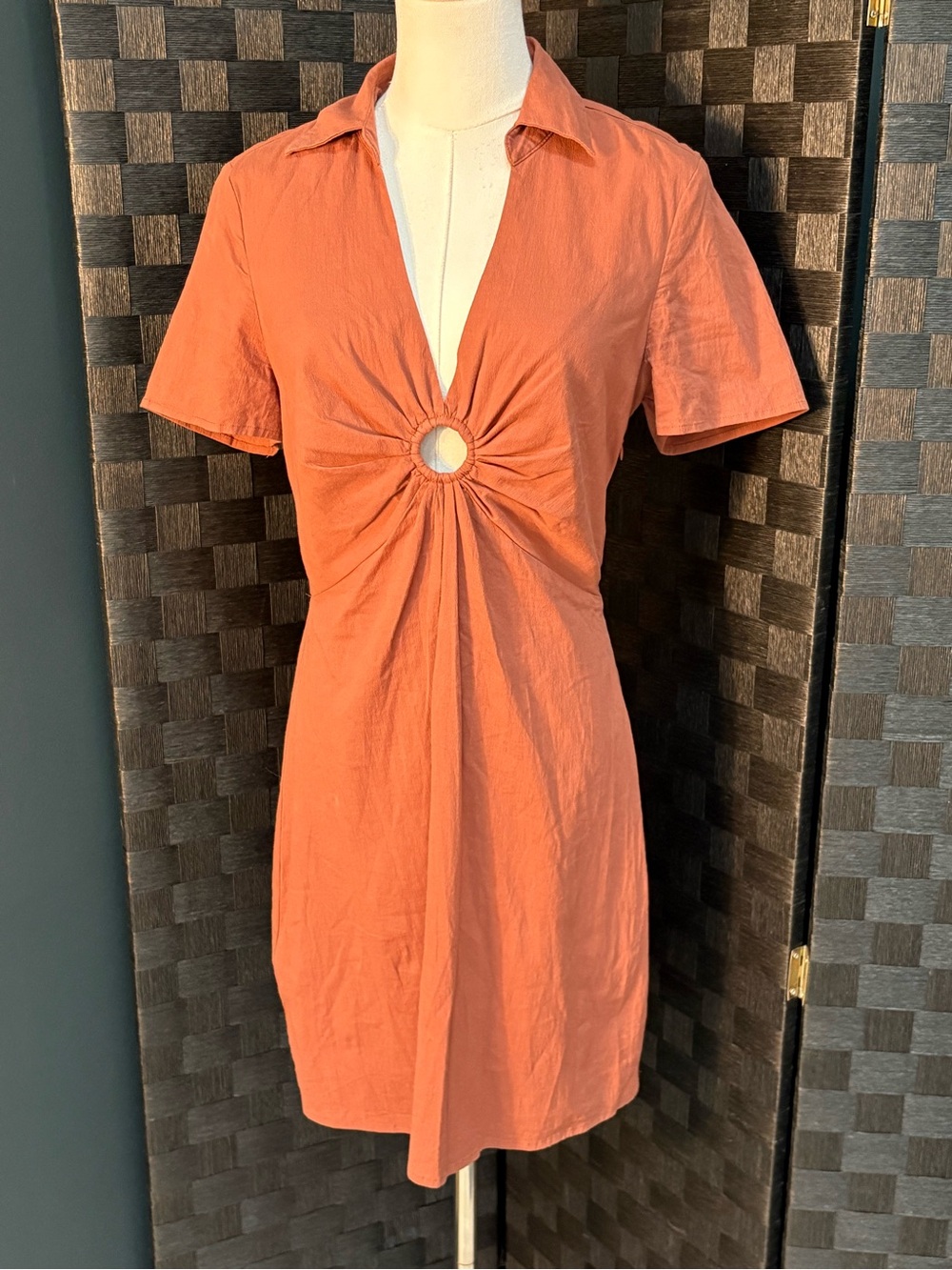 Abercrombie & Fitch O-Ring Collared Shirt Mini Dress Terracotta Rust Orange M